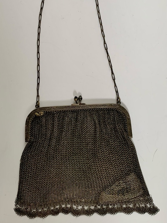 Handbags - Antique 1920s German Alpacca Silver Mesh Purse - Blue Sapphire Kiss Clasp